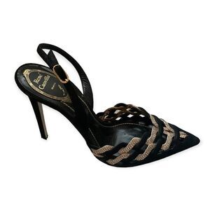 Rene Caovilla Black Suede Silver Gild Swarovski Crystal Heels, Like New